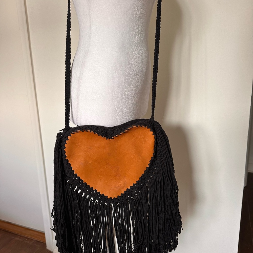 Heart-Shaped Fringe Bag - Black and Orange